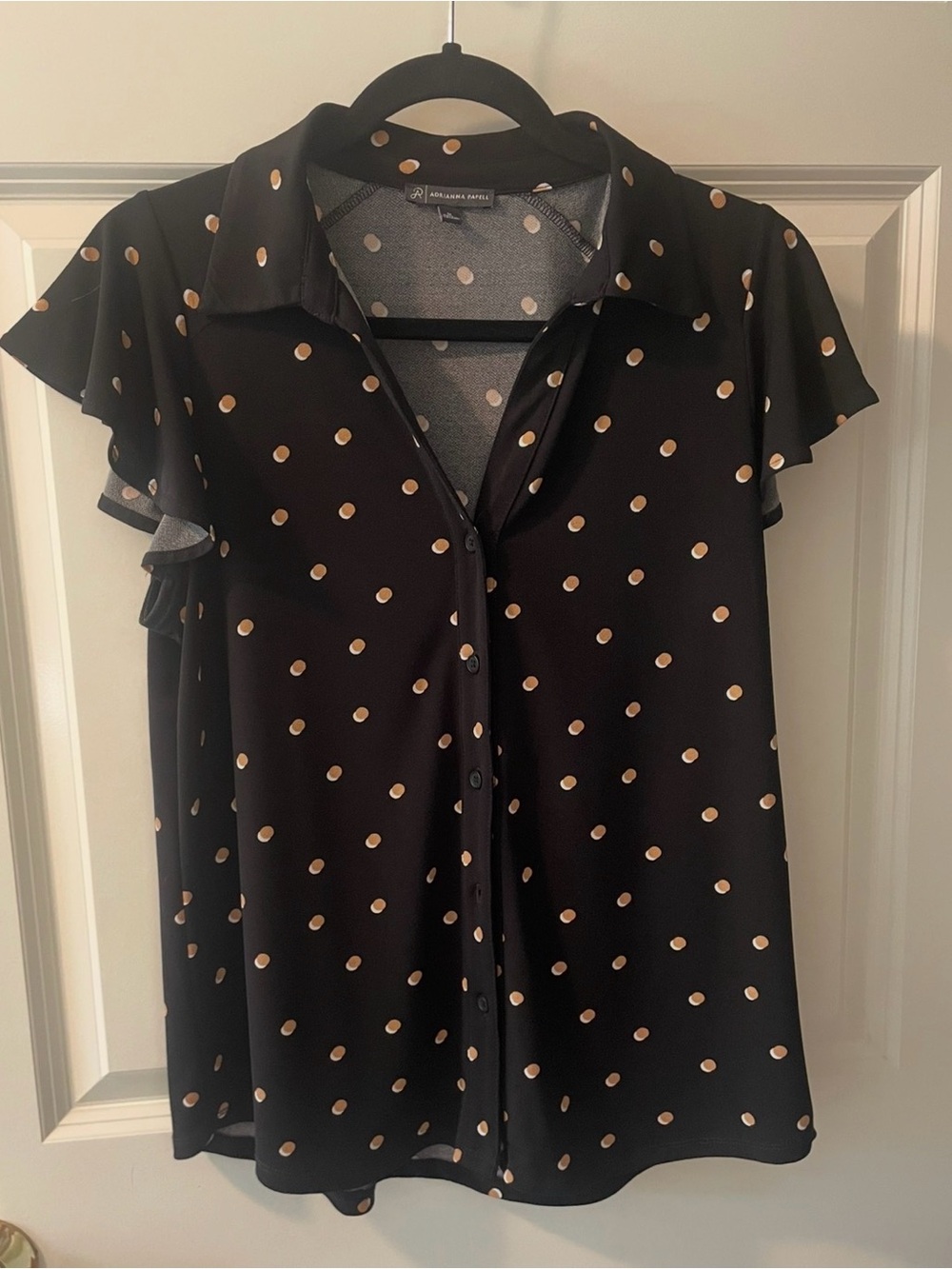 Adrianna Papell Black Blouse with Cream & Tan Polka Dots